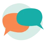 Two speech bubbles indicating conversation. One is orange and one is green. The background is pale green.