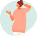 A woman is wearing a long pink top and white trousers. She has one hand on the back of her head and is gesturing outwards with the other. The background is pale green.