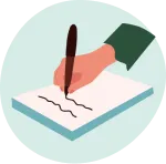 A hand holding a pen is writing notes on a notepad. The background is green.