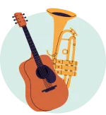 An acoustic guitar and a brass instrument (cornet) on a pale green background.