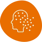 A white outline of the side profile of a head with white dots where the brain would be. Some of the dots are spilling out of the back of the head. The background is orange.