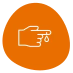 White outline of a hand with the index finger pointed and a droplet coming from it. The background is orange.