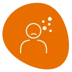 White outline of a person's torso and head with a sad expression and white bubbles coming from their mouth. The background is orange.