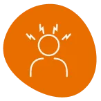 White outline of a person's torso and head with four lightning bolts coming from their head. The background is orange.