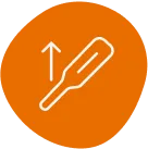 White outline of a thermometer with an upwards arrow. The background is orange.