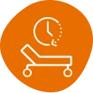 A white hospital bed and clock icon with an arrow indicating time passing. The background is orange.