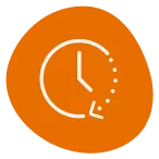 White outline of a clock with an arrow to indicate time passing. The background is orange.