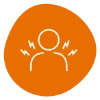 White outline of a person's torso and head with four lightning bolts coming from their shoulders. The background is orange.