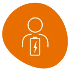 White outline of a person's torso and head with a battery inside their chest with a lightning bolt on it. The background is orange.