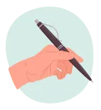 A left hand holding a black pen as if to write. The background is pale green.