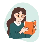 A woman with brown hair and wearing a gray jumper is reading a book with an orange cover, holding it with both hands. The background is pale green.